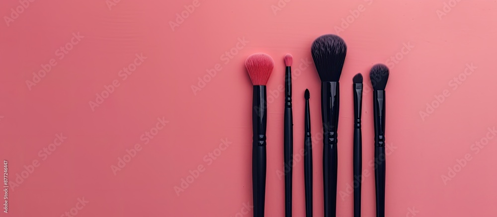 Poster Top view of professional makeup brushes displayed on a pink background with space for additional imagery