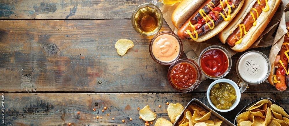 Poster Top view of appetizing homemade hotdogs served with various dipping sauces chips and beer glasses on a rustic wooden table with ample copy space in the image