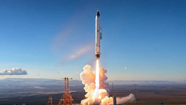 Space rocket launch on the test site. Spaceport and spacecraft launch. It's the conquest of space.