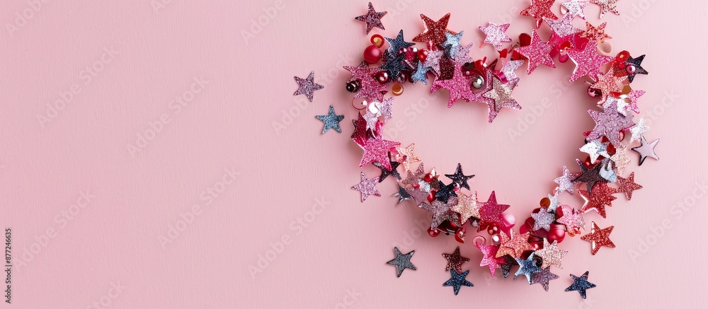 Poster a heart crafted out of star sequins against a soft pink pastel backdrop with copy space image
