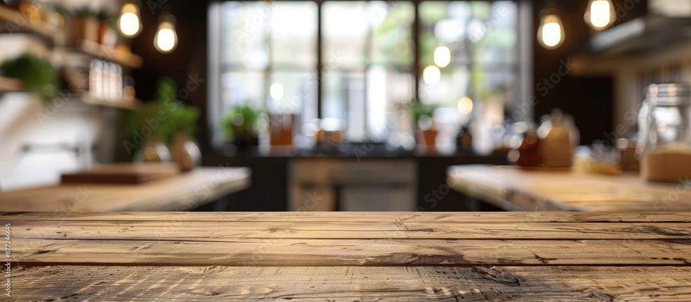 Poster blurred kitchen interior background with an empty wooden table providing copy space image available