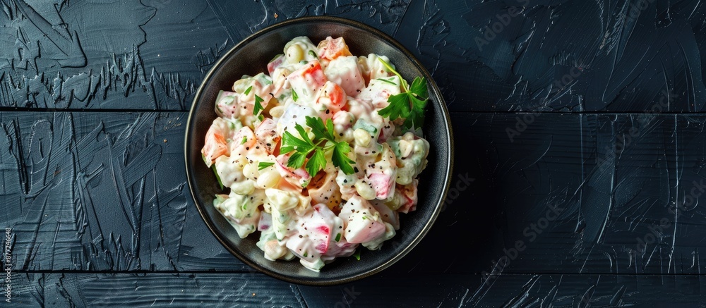 Poster Top down view of a homemade Olivier salad in a bowl on a black wooden surface Ample copy space available in the image for additional text or graphics