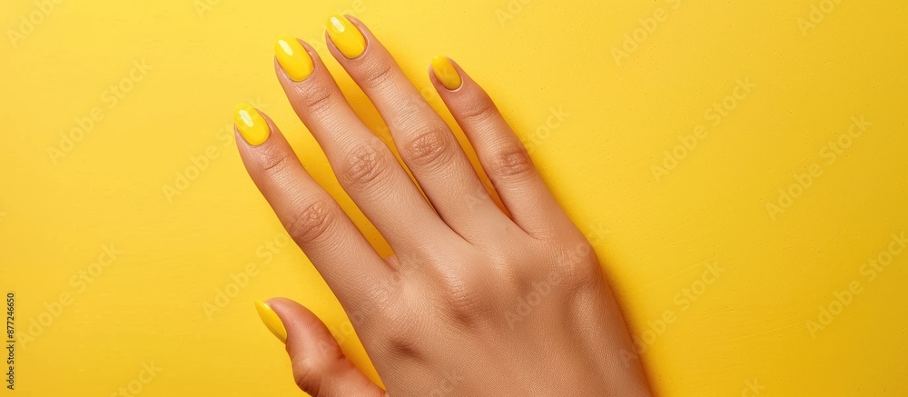 Poster a stylish spring summer nail design featuring a manicured hand of an attractive woman displayed agai