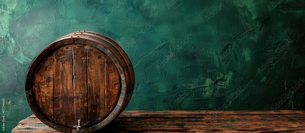 Aufkleber wooden barrel and worn oak table on a green wall background ideal for design with copy space image