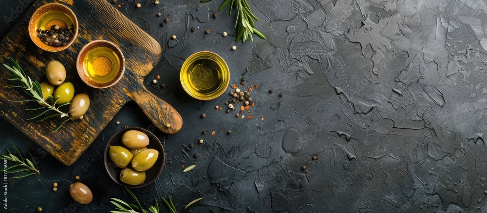 Poster Olives and olive oil in bowls displayed on a cutting board with a top down view suitable for adding text or images on the blank space. with copy space image. Place for adding text or design