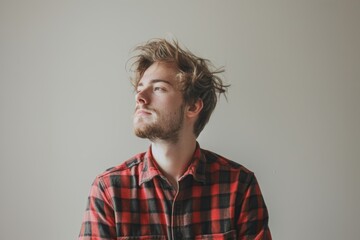 Fototapeta premium Portrait of a blissful caucasian man in his 20s dressed in a relaxed flannel shirt while standing against minimalist or empty room background