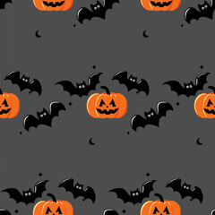 This Halloween pattern features a flat style with various iconic elements.Seamless background perfect for use in textiles, wallpapers, and festive decorations.