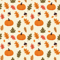 A simple autumn pattern in flat style featuring colorful leaves arranged in a repeating design.Background for textiles, fabrics, cotton fabric, covers, wallpaper, print, gift wrapping, postcard.
