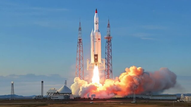 Space rocket launch on the test site. Spaceport and spacecraft launch. It's the conquest of space.