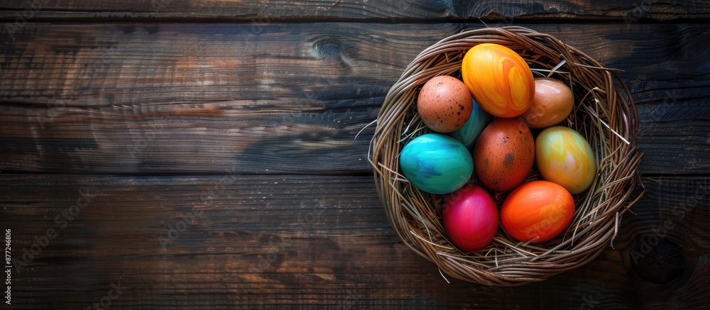 Poster easter eggs displayed in a basket on a wooden backdrop with available copy space image