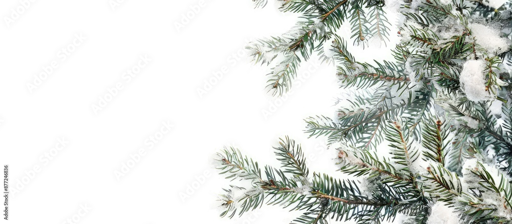 Poster snow covered pine tree branches against a white backdrop with ample copy space image