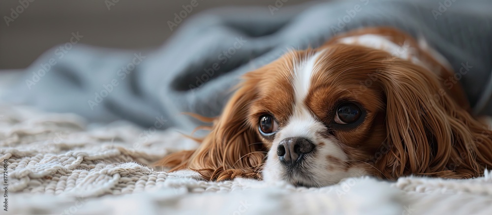 Aufkleber A sweet cavalier spaniel resting on a cozy bed with a generous amount of unoccupied space for additional elements in the image