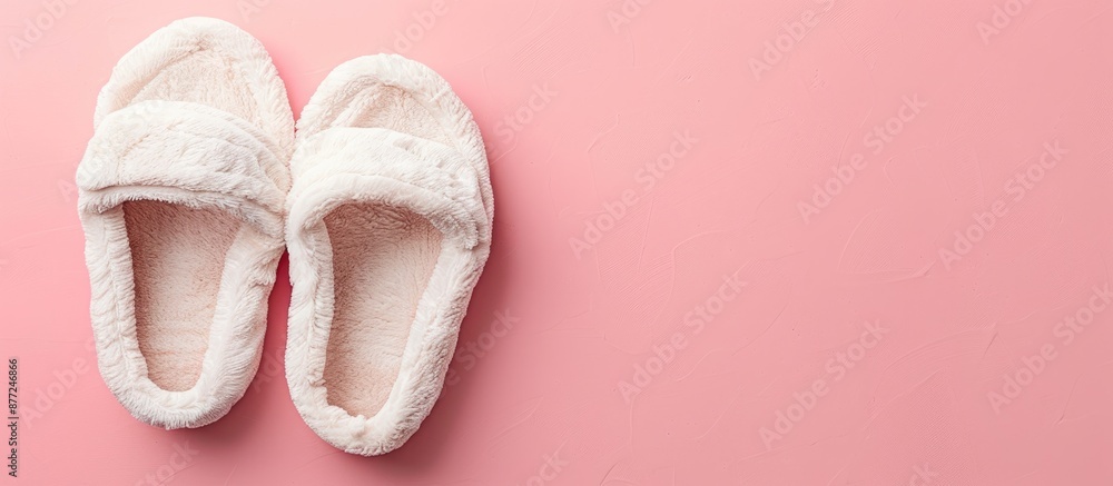 Poster Top view of lovely soft slippers on a pink backdrop with room for text in the copy space image