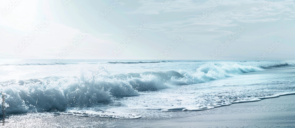Fototapete Beach scene with waves hitting the shore in a picture with blank space for text. with copy space image. Place for adding text or design