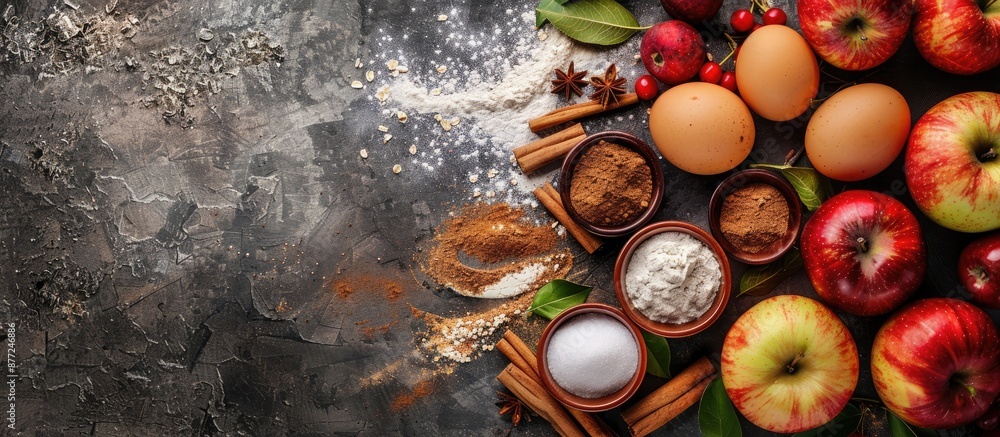 Poster fresh ingredients like apples cinnamon flour sugar and eggs for baking an apple pie displayed on a s