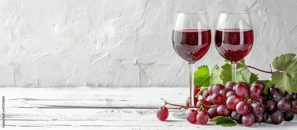 Poster red wine glasses and grapes on a white wooden table with copy space image