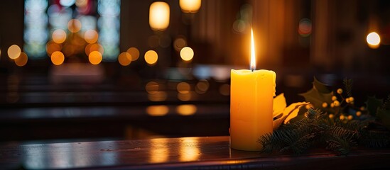 A solitary candle flame illuminates a large yellow candle against a dark backdrop on a church table set for Christmas funerals or memorials leaving room for a copy space image