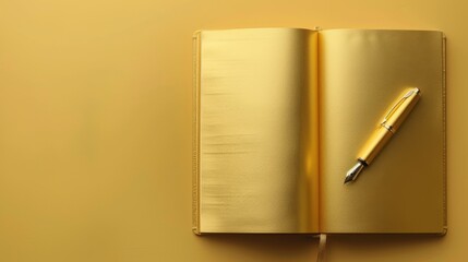 champagne gold desktop, with blank space for text. Decorated with an open diary and a fountain pen