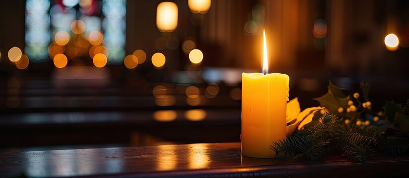 A solitary candle flame illuminates a large yellow candle against a dark backdrop on a church table set for Christmas funerals or memorials leaving room for a copy space image
