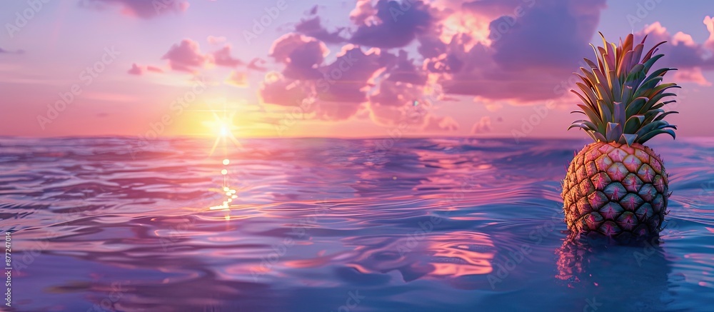 Poster a pineapple is getting ready for a swim in a vibrant blue ocean with a beautiful sunset reflected in