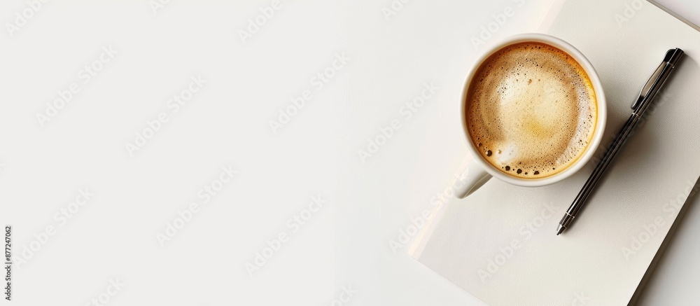 Poster a coffee cup and notebook viewed from the top against a white backdrop featuring copy space image