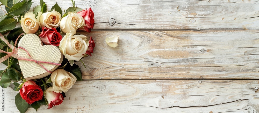 Poster heart shaped box and a bouquet of roses on a light wooden table with copy space image available