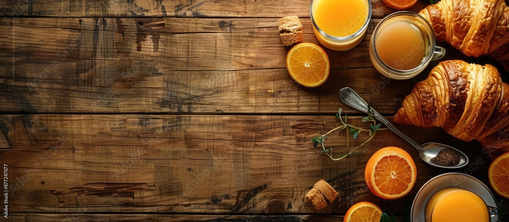 Poster top view of a continental breakfast display on a wooden table with croissants orange juice and coffe
