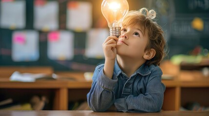 Child in a classroom with a light bulb over their head, representing a moment of realization, learning environment