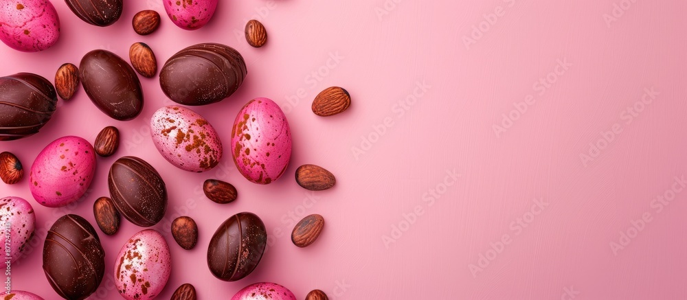 Poster vibrant easter chocolate eggs displayed flat on a pink background create a stylish easter layout ide