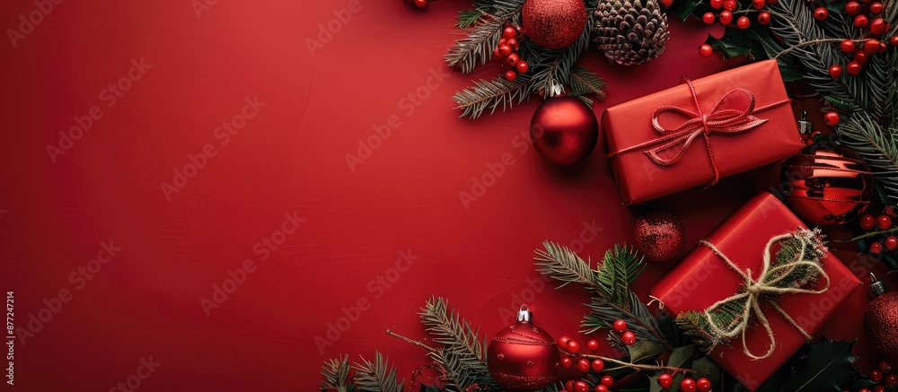 Poster festive christmas gift boxes decorated with fir branches ornaments and viburnum on a red backdrop wi