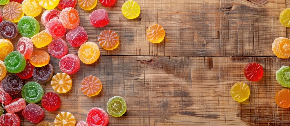 Aufkleber An appetizing assortment of hard candies displayed on a wooden surface in a flat lay composition with room for text in the image. with copy space image. Place for adding text or design