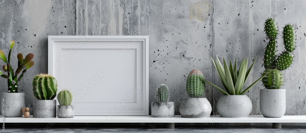 Poster Panoramic real photo displaying cactus decor in concrete and ceramic pots adorned with a white empty frame mockup offering copy space image for text or graphics