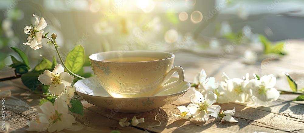 Leinwandbilder A cup of fragrant jasmine tea accompanied by jasmine flowers in a serene setting for a peaceful and aromatic experience. with copy space image. Place for adding text or design