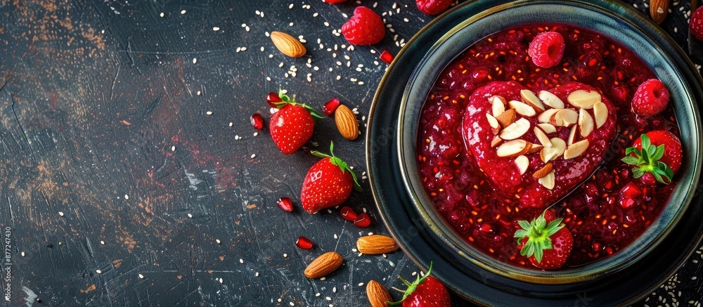 Poster valentine s day breakfast idea chia pudding with red berry puree almonds and heart shaped strawberry