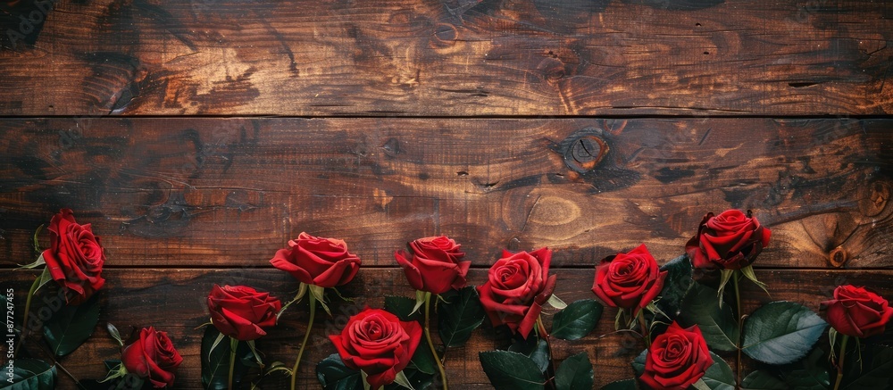 Poster top view image of fresh red roses on a wooden desk providing copy space in a flat lay composition