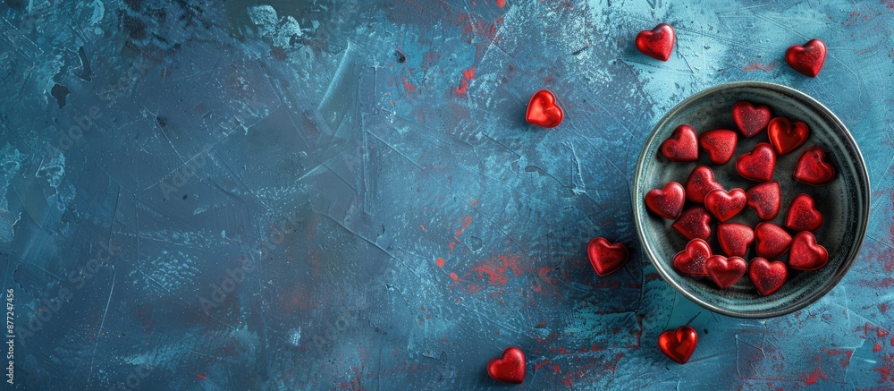 Poster valentine s day table setting with red hearts on a blue grunge background ideal for a copy space ima