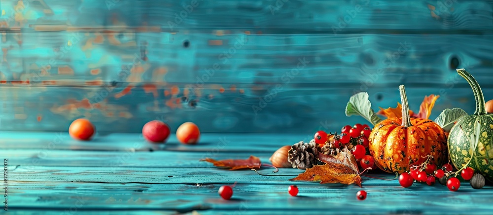 Poster Thanksgiving day setting with autumn leaves berries and vegetables arranged on a blue wooden table creating a cozy atmosphere for a meal with copy space image