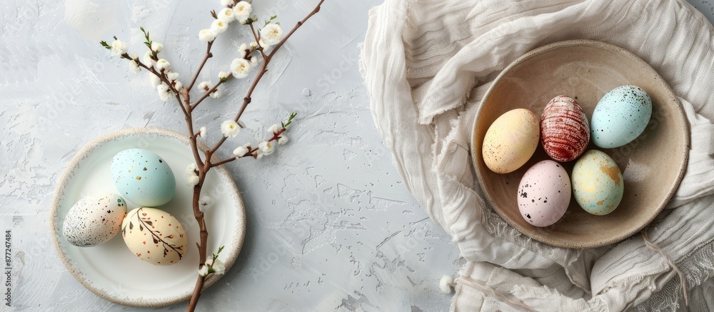Aufkleber a festive easter arrangement with vibrant eggs displayed in a beige plate on top of a white towel co