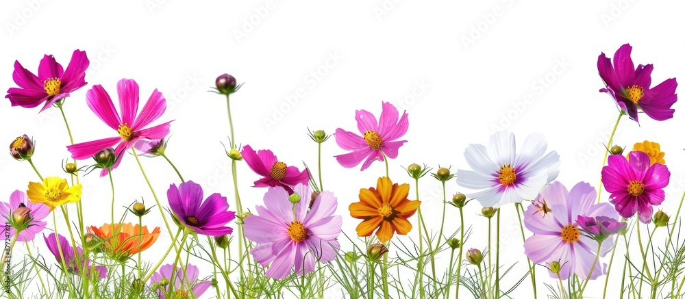 Poster vivid cosmos flowers with green stems bloom in a meadow offering a beautiful and colorful display ag