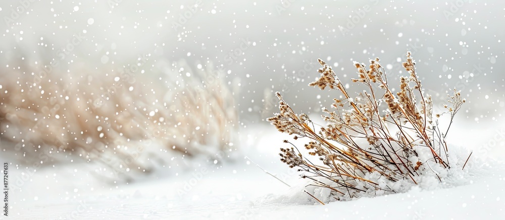 Poster blurry dry plant and grass on white snow in winter create an abstract natural background ideal for a