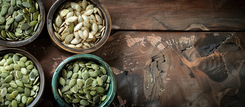 Aufkleber close up of pumpkin seeds arranged in vintage dishes on a wooden surface with ample space for adding