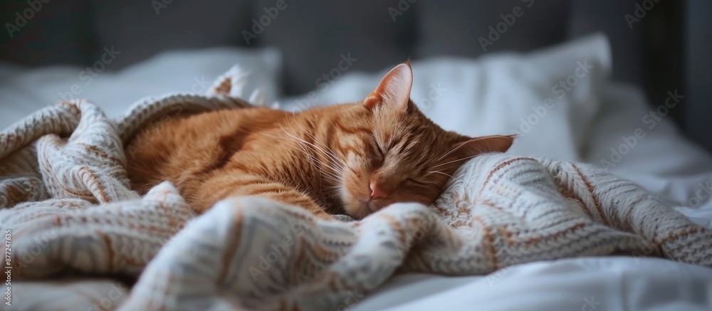 Poster a ginger cat rests on a cozy bed with a soft blanket illustrating a concept of a relaxing home ambia