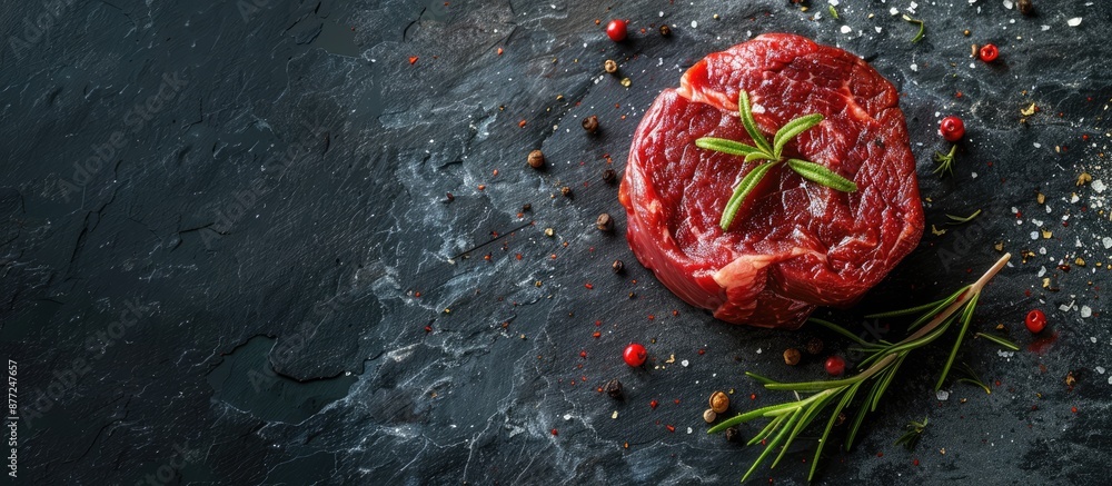 Leinwandbilder top view of a spicy raw beef steak on a dark slate stone or concrete surface with ample copy space i