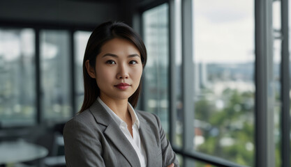 a close-up portrait of a businesswoman in a modern, minimalistic office setting with a sleek and professional background that includes a cityscape view.