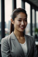 a close-up portrait of a businesswoman in a modern, minimalistic office setting with a sleek and professional background that includes a cityscape view.