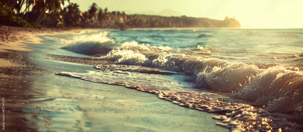 Poster Tropical beach with sunlit waves creating an abstract background perfect as a copy space image for summer vacation and travel themes with a vintage filter