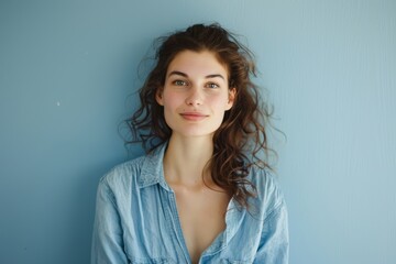 Obraz premium Portrait of a content woman in her 30s wearing a simple cotton shirt isolated in solid color backdrop