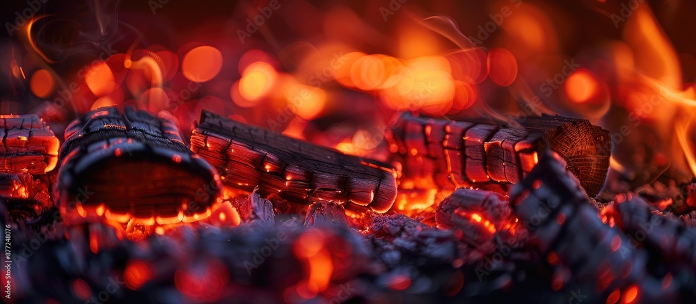 Fototapete close up of a burning firewood in a fireplace with an orange bokeh effect creating a glowing copy sp