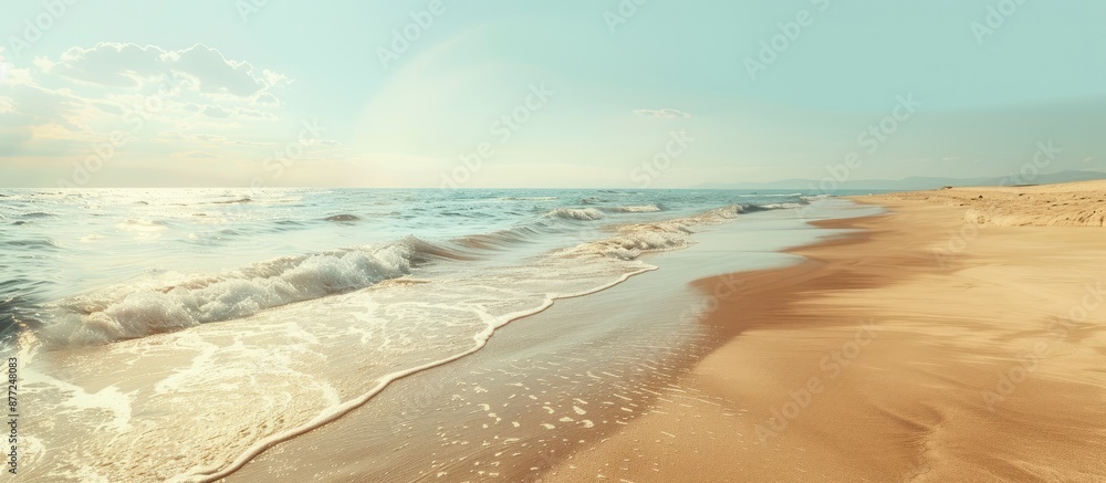 Poster tranquil desert beach with gentle waves golden sand perfect for a copy space image