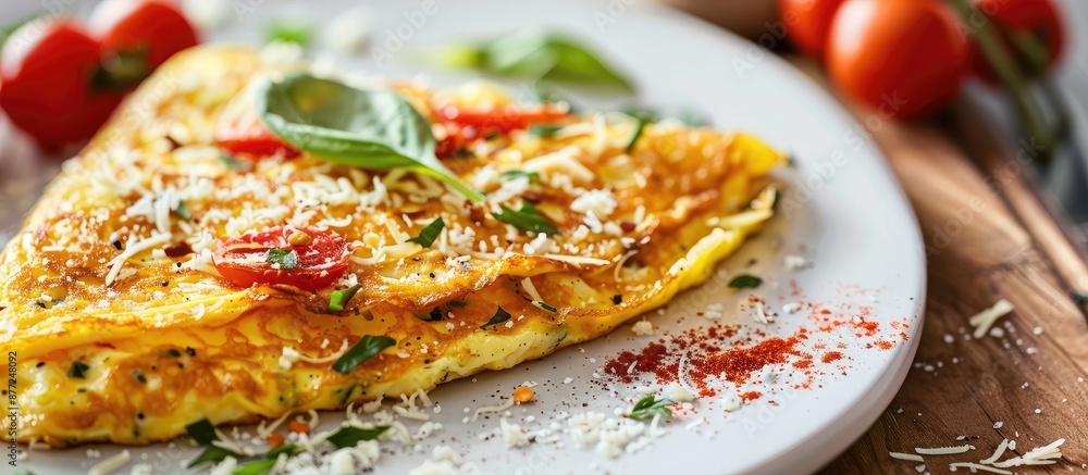Aufkleber close up image of a gourmet omelet garnished with cheese on a white plate with copy space image